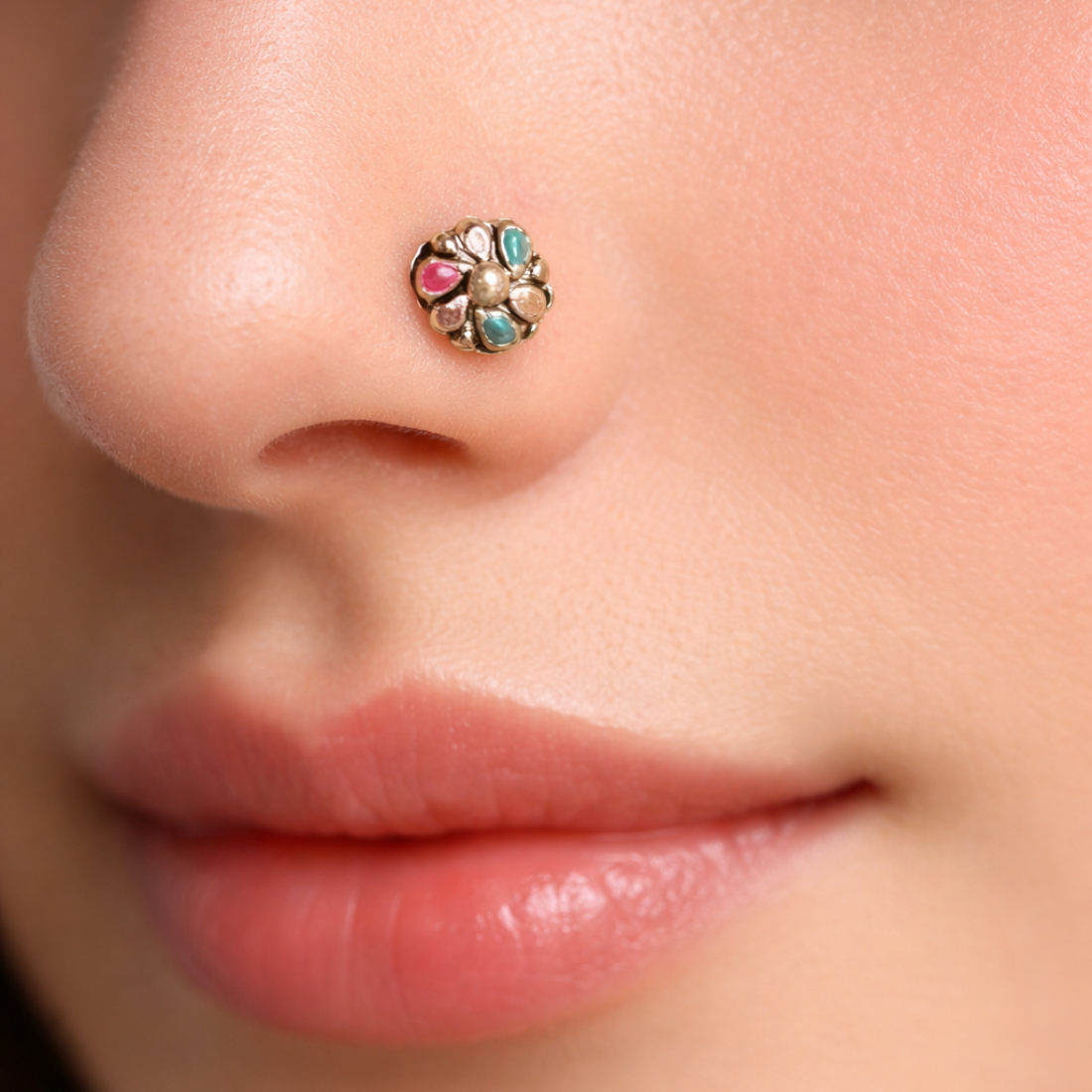 Handcrafted Oxidized Silver Nose Pin with Multi-Color Stones - Balaji Jewellers
