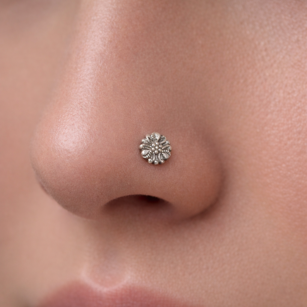 Vintage Oxidized Silver Floral Nose Pin - Balaji Jewellers