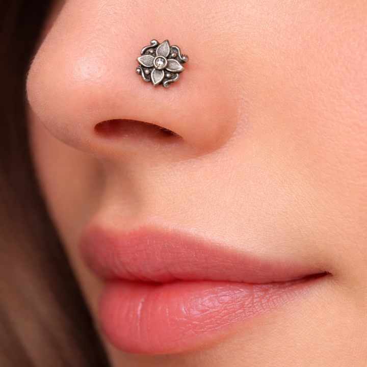 Elegant Oxidized Silver Floral Motif Nose Pin