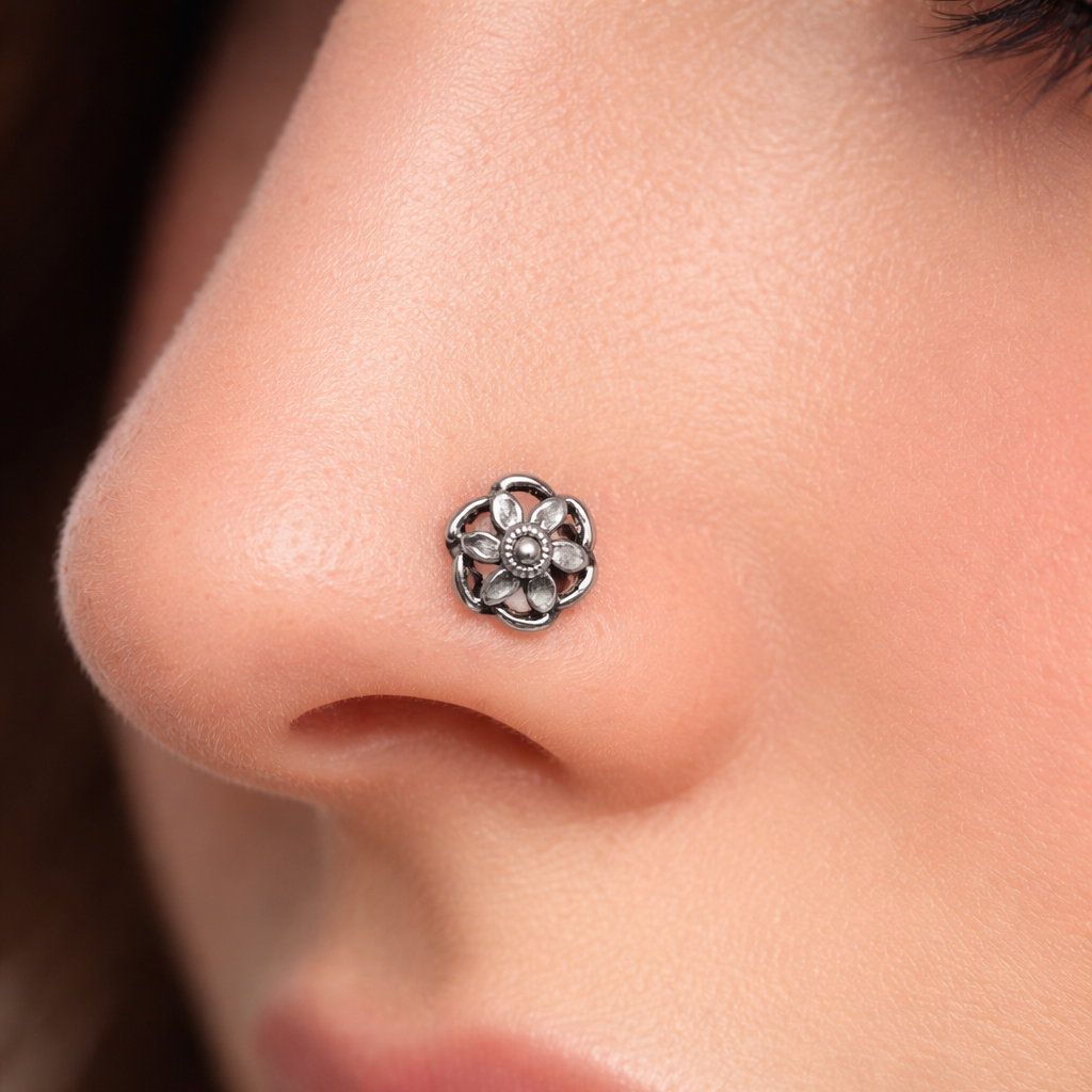 Elegant Oxidized Silver Floral Nose Pin with Wire Backing