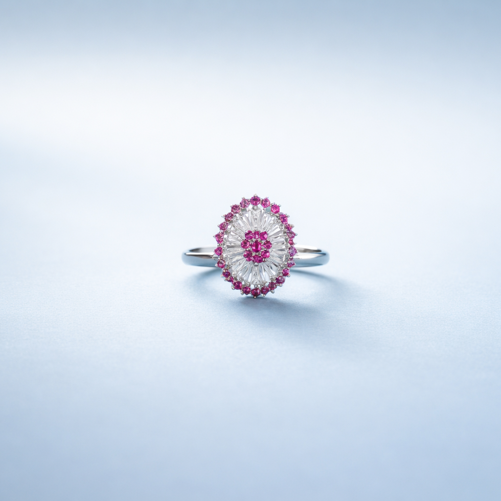 Elegant Radiant Floral Silver Ring with Ruby Accents