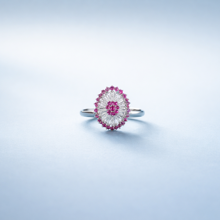 Elegant Radiant Floral Silver Ring with Ruby Accents