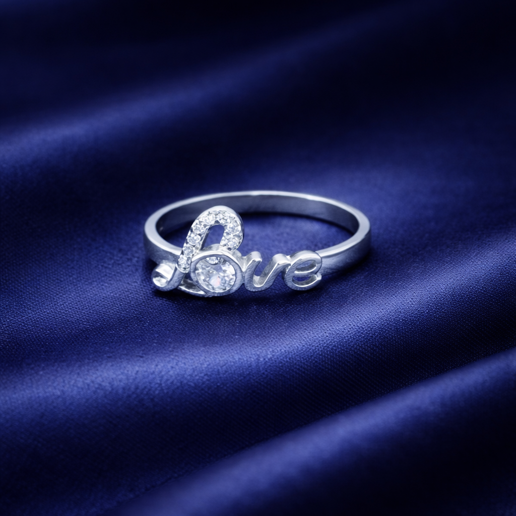 Elegant Silver "Love" Script Ring with Sparkling Cubic Zirconia Accent