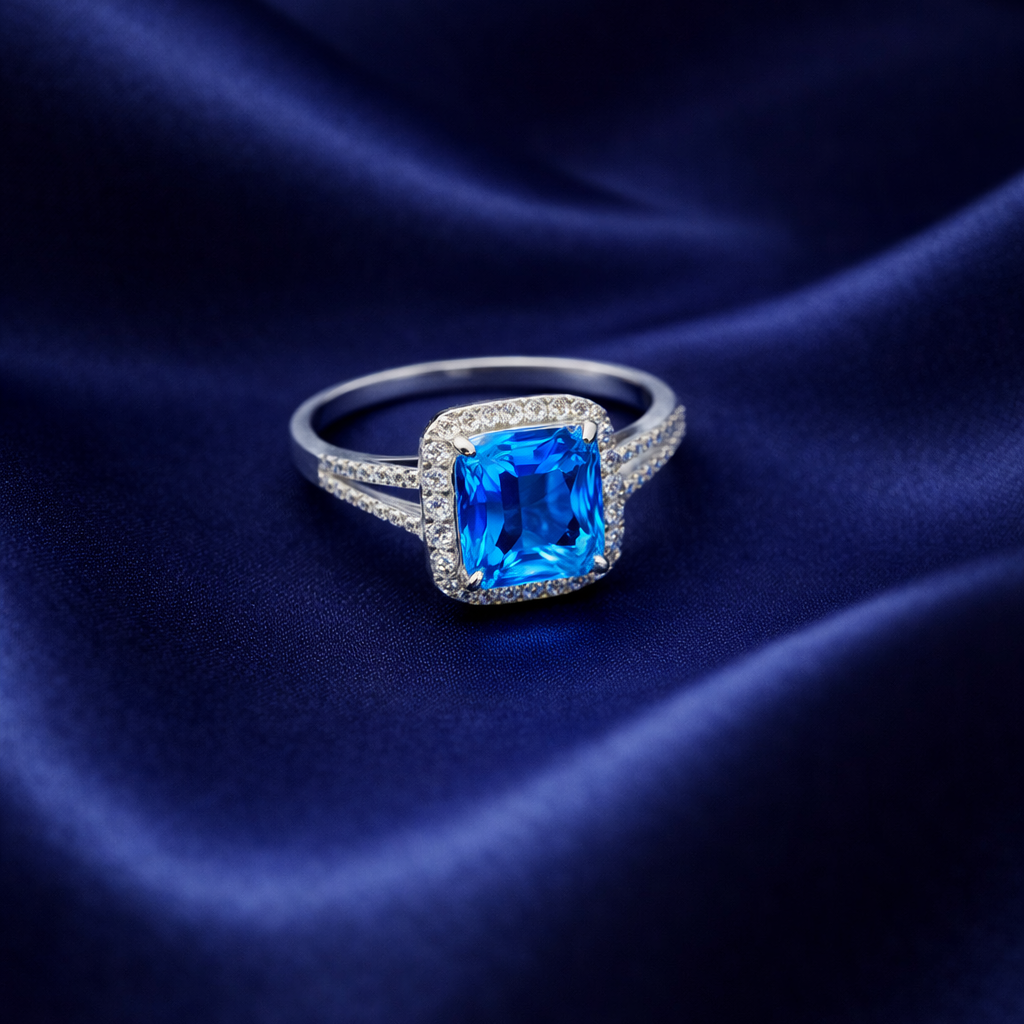 Elegant Radiant-Cut Blue Topaz Halo Ring in Sterling Silver