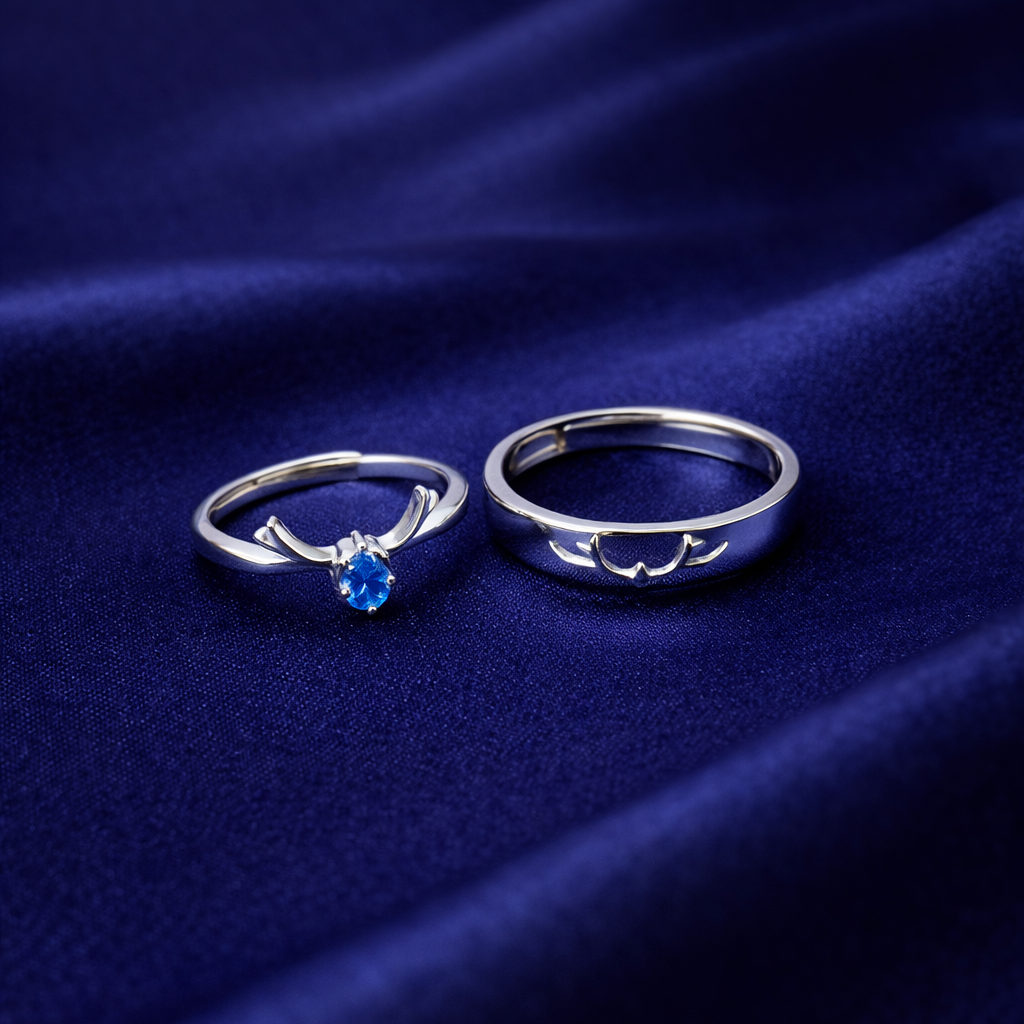 Deep Blue Sapphire Deer Antler Sterling Silver Couple Ring Set