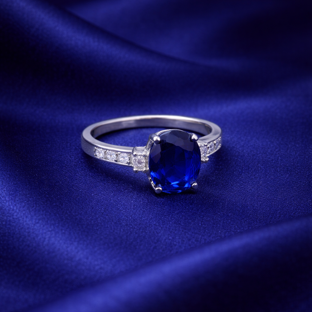 Silver Oval Blue Sapphire Ring with Sparkling Zirconia Accents