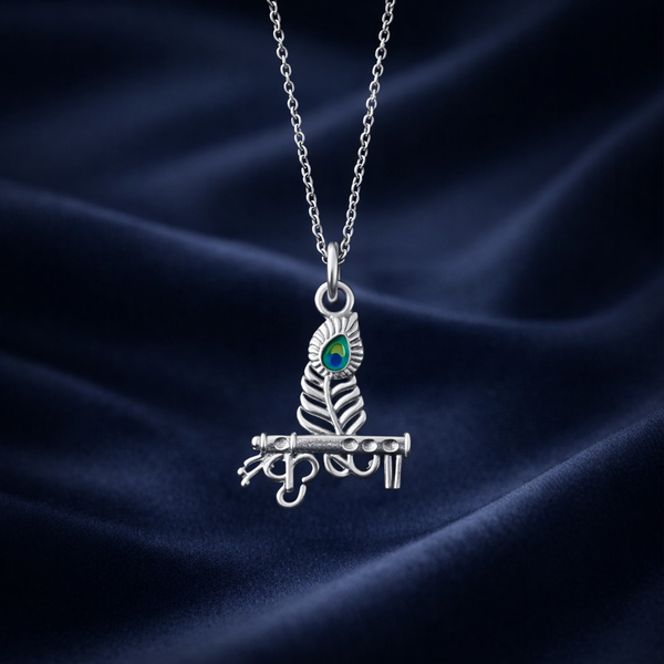 Sterling Silver Krishna Flute Peacock Pendant