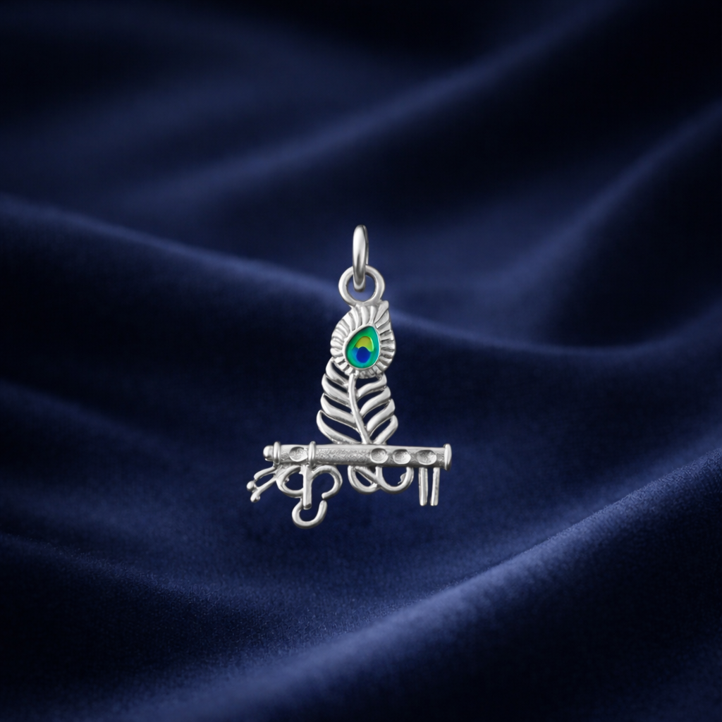 Sterling Silver Krishna Flute Peacock Pendant