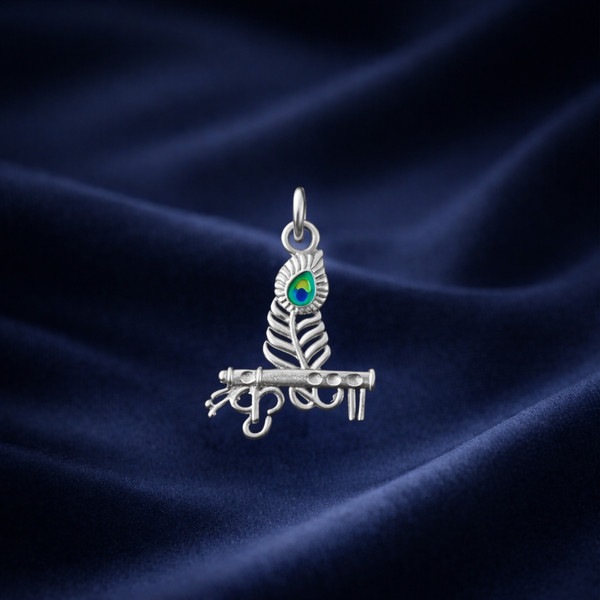 Sterling Silver Krishna Flute Peacock Pendant