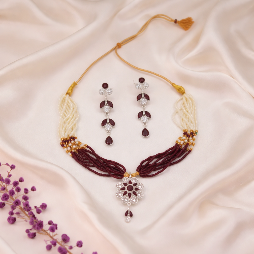 legant Maroon Pearl Floral Pendant Necklace