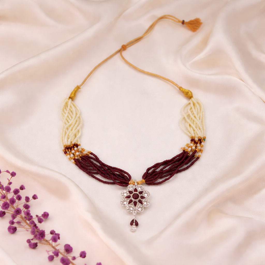 legant Maroon Pearl Floral Pendant Necklace