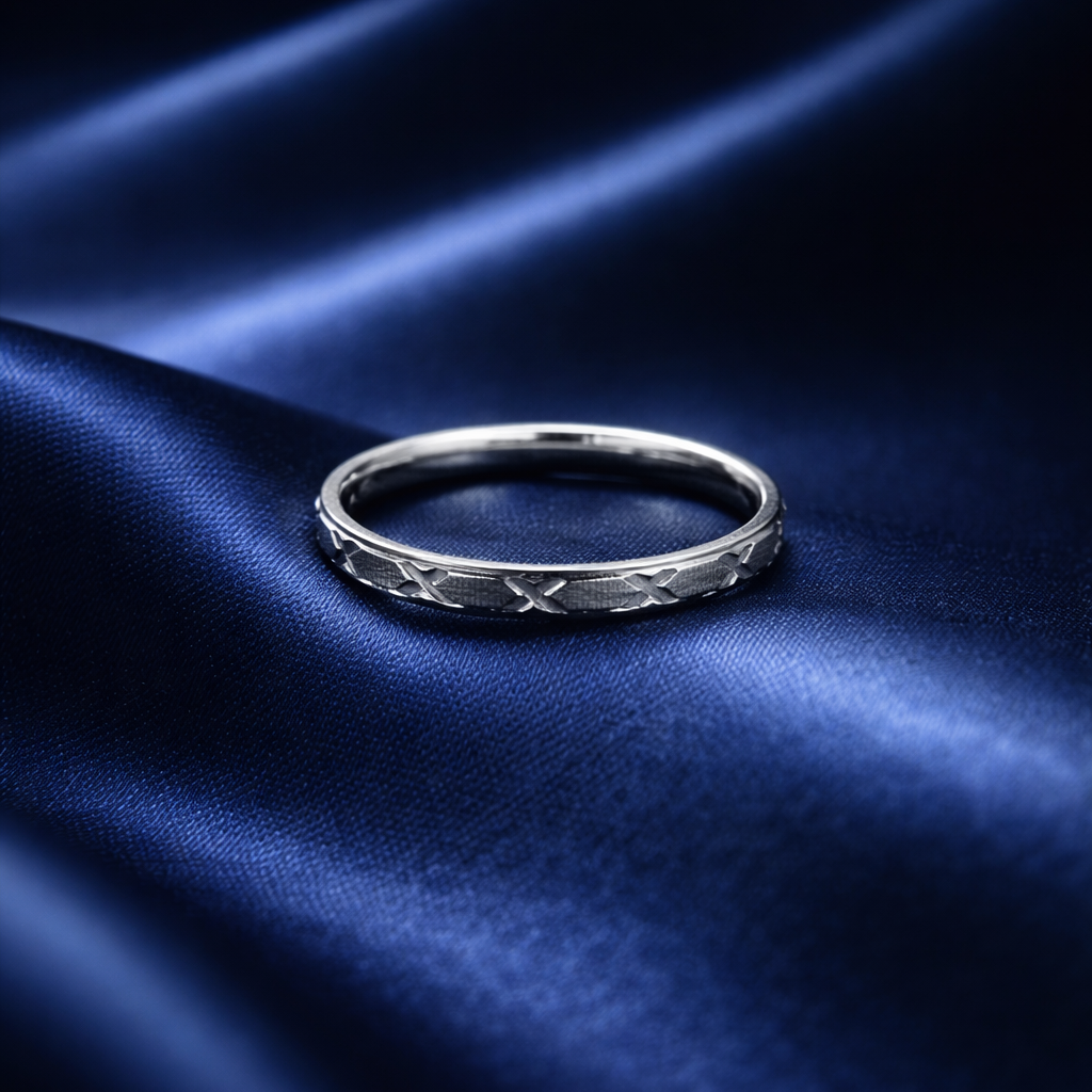 Elegant Silver Textured Band Ring with Cross-Hatch Engraving