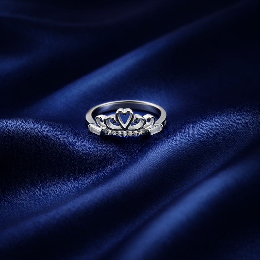 Elegant Silver Heart Crown Ring with Sparkling Accents