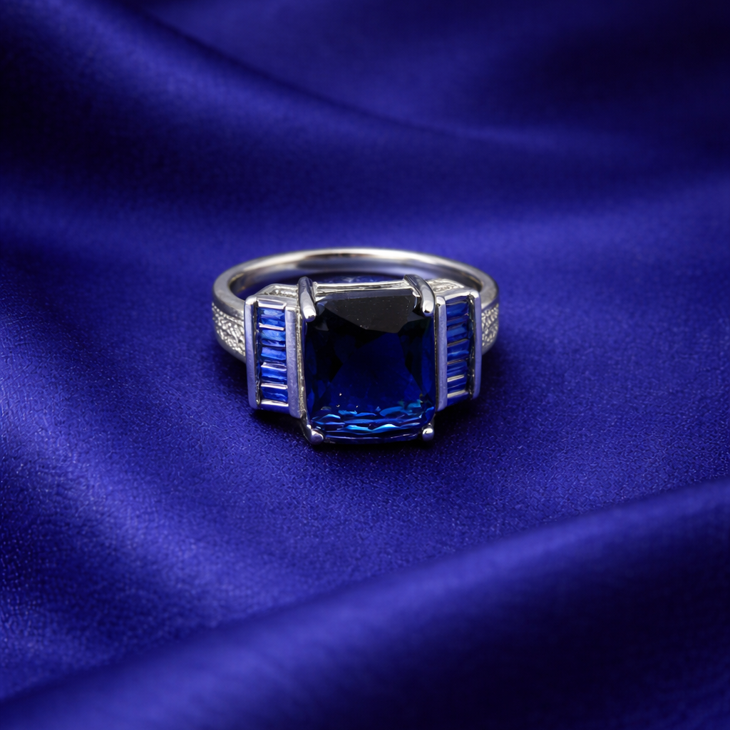 Royal Blue Radiant Cut Sapphire Silver Statement Ring