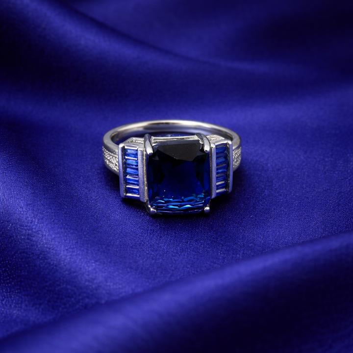 Royal Blue Radiant Cut Sapphire Silver Statement Ring
