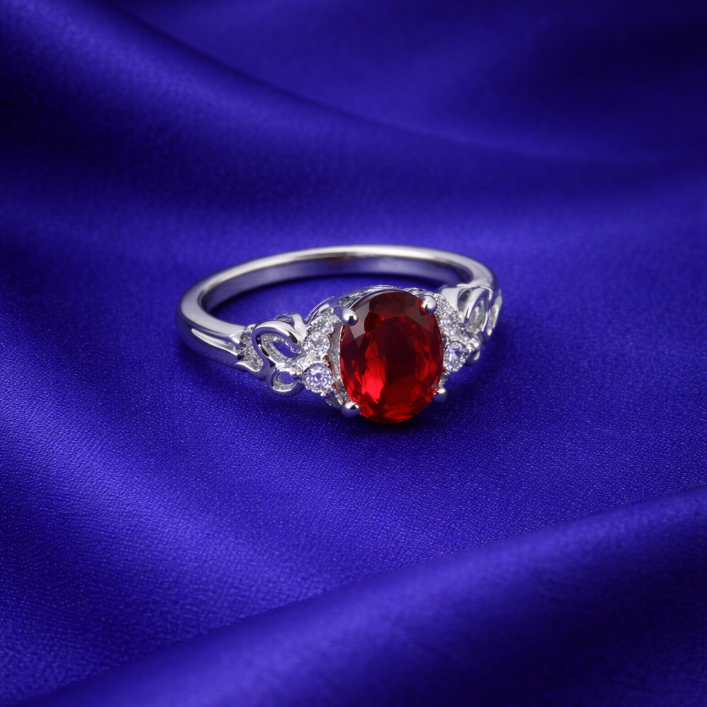 Elegant Oval Ruby Red Gemstone Silver Ring with Crystal Accents