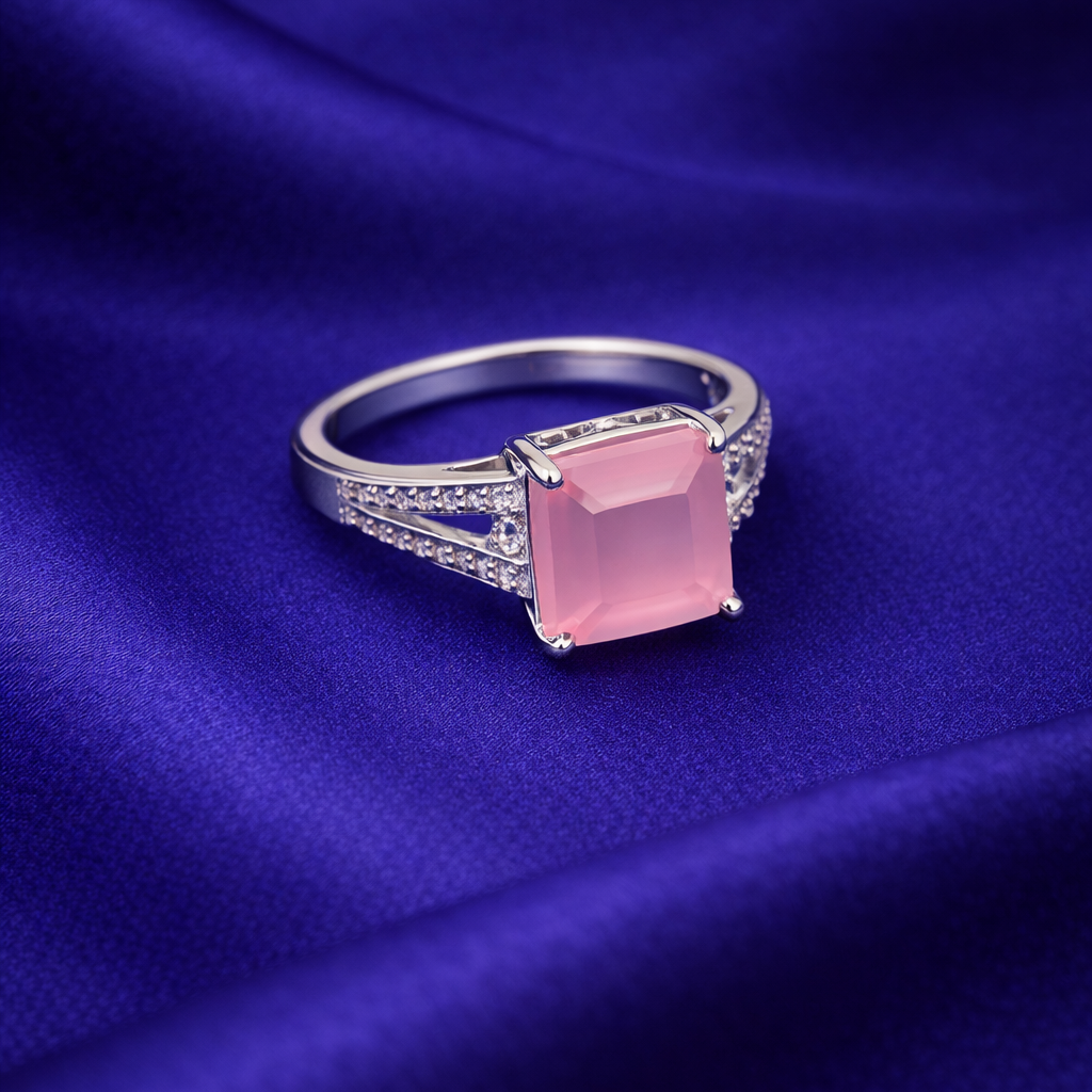 Elegant Rose Quartz Square Cut Silver Ring with Pave Accents