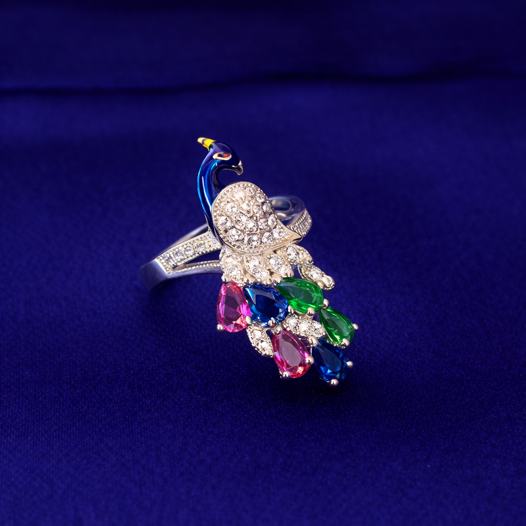 Exquisite Silver Peacock Adjustable Ring with Vibrant Multicolored Gemstones
