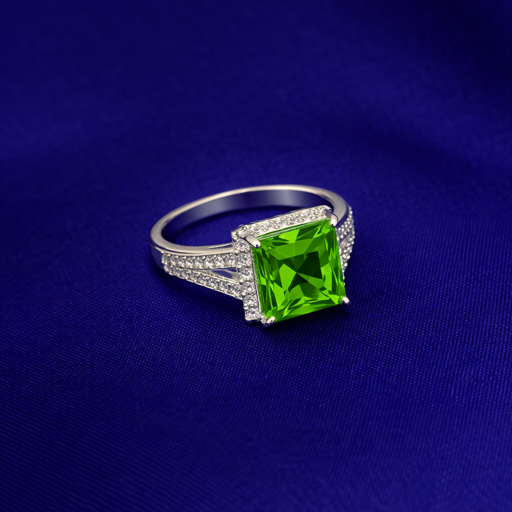 Elegant Square-Cut Peridot Green Gemstone Ring in Sterling Silver