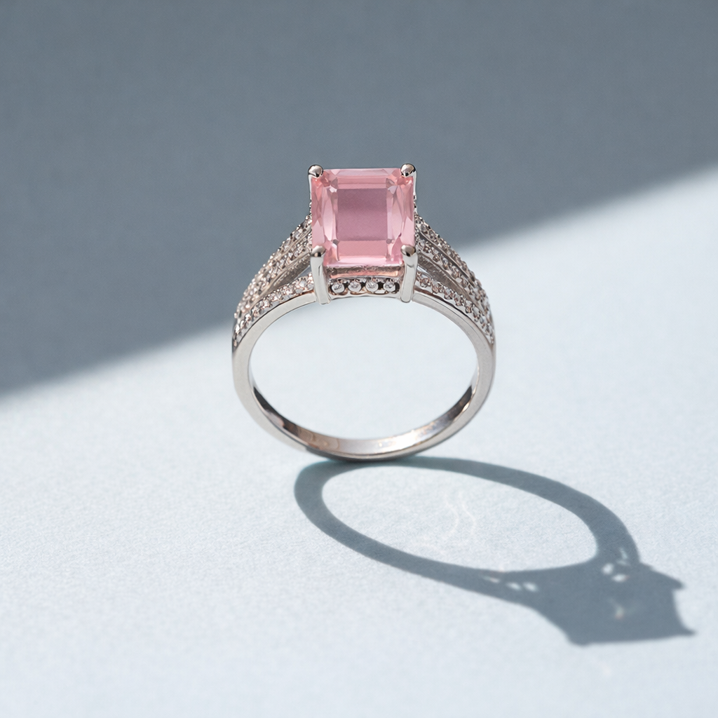 Elegant Rose Quartz Square Cut Silver Ring with Pave Accents