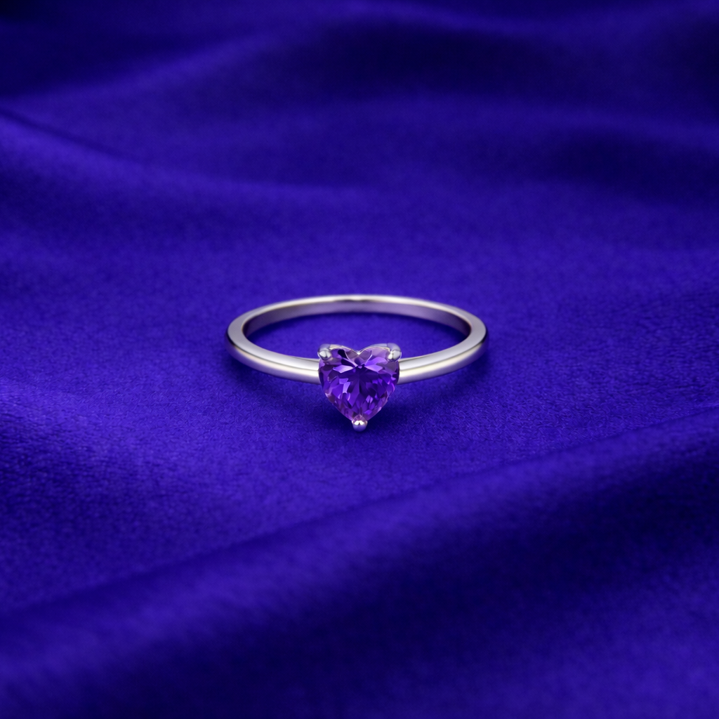 Elegant Heart-Cut Amethyst Silver Solitaire Ring