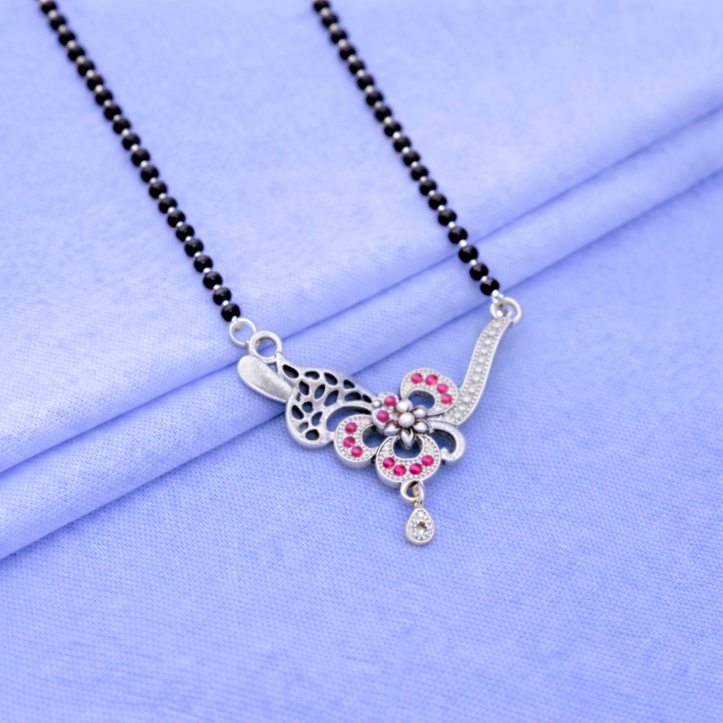 Floral Elegance Silver Mangalsutra with Pink Accents