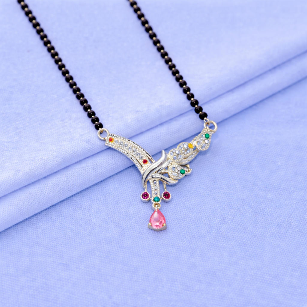 Exquisite Multi-Gemstone Floral V-Pendant Silver Mangalsutra