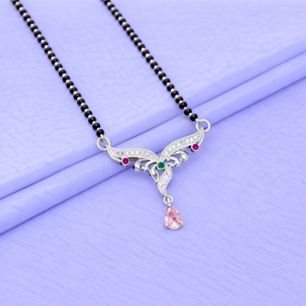Elegant Silver Mangalsutra with Gemstones and Teardrop