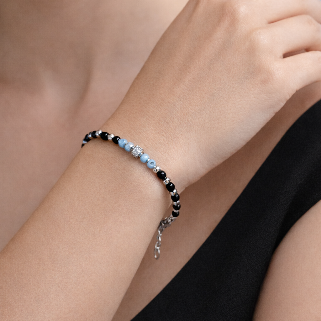 Elegant Evil Eye Beaded Silver Bracelet for Protection