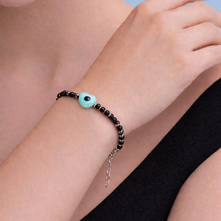 Minimalist Evil Eye Heart & Black Seed Bead Bracelet in Silver