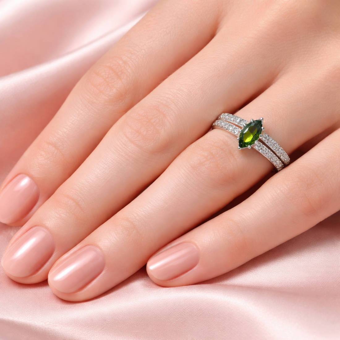 Elegant Marquise Green Tourmaline Silver Split-Shand Ring