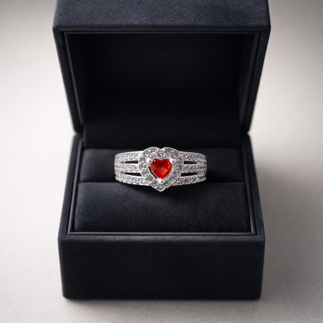 Heart of Crimson Silver Triple Band Ring