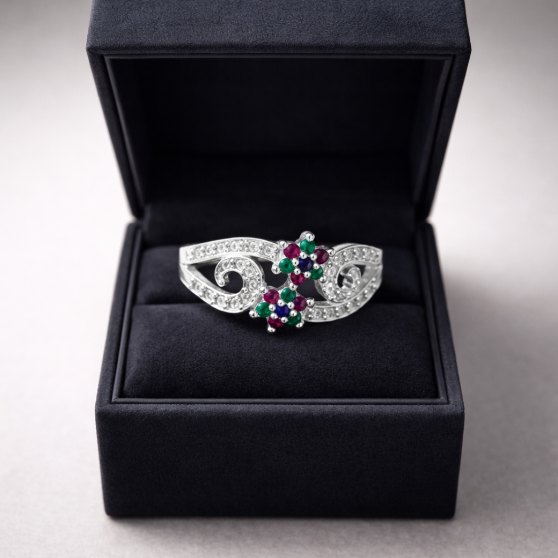 Floral Filigree Multi-Gemstone Silver Ring