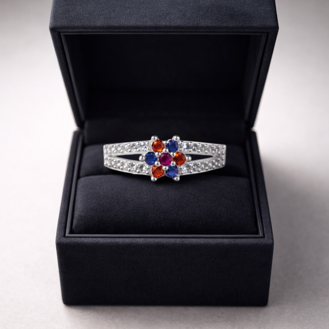 Floral Multi-Gemstone Silver Split Band Ring