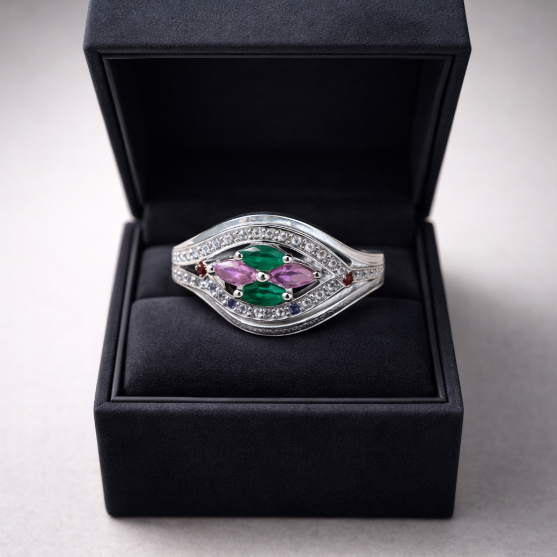 Elegant Sterling Silver Multi-Gemstone Marquise Halo Ring