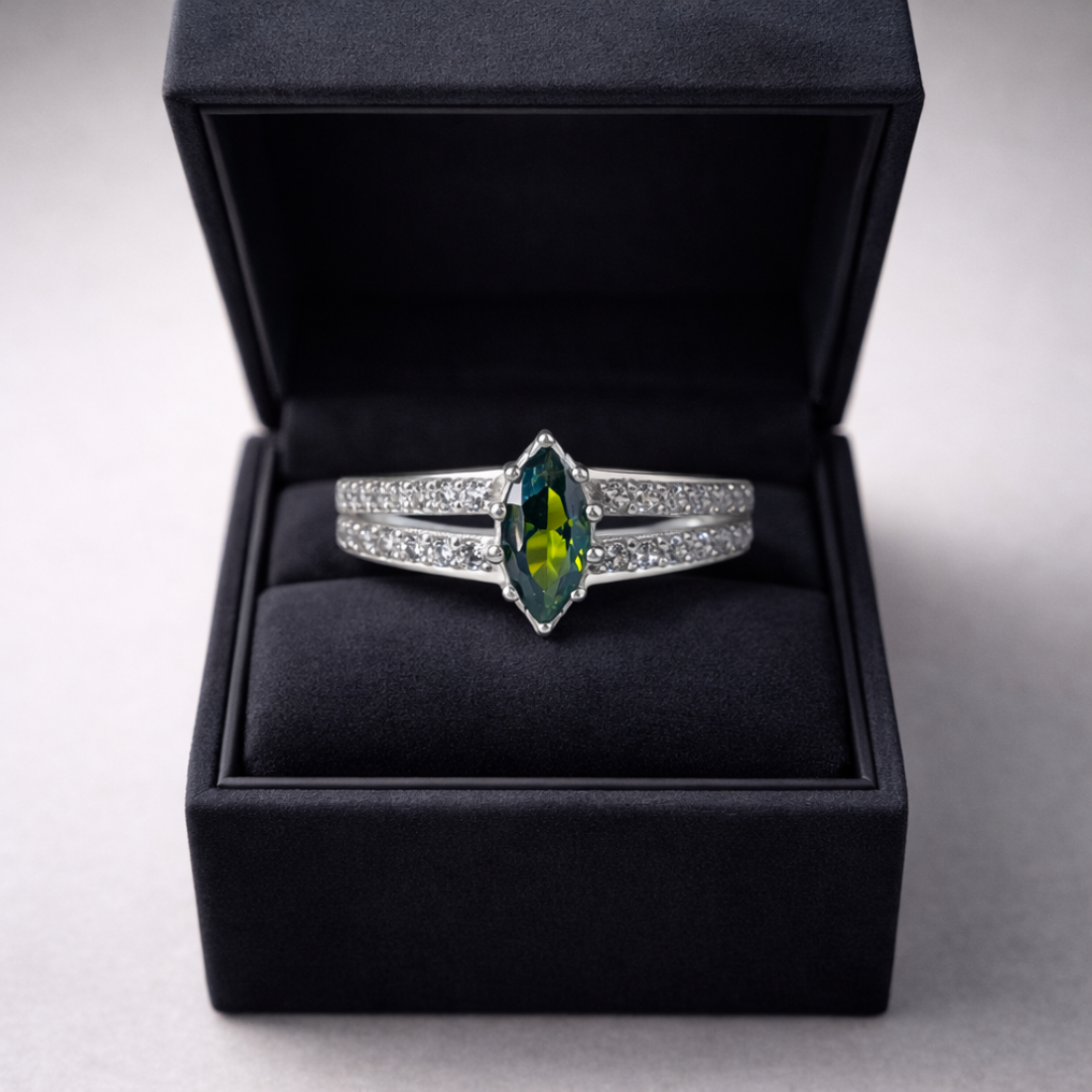 Elegant Marquise Green Tourmaline Silver Split-Shand Ring