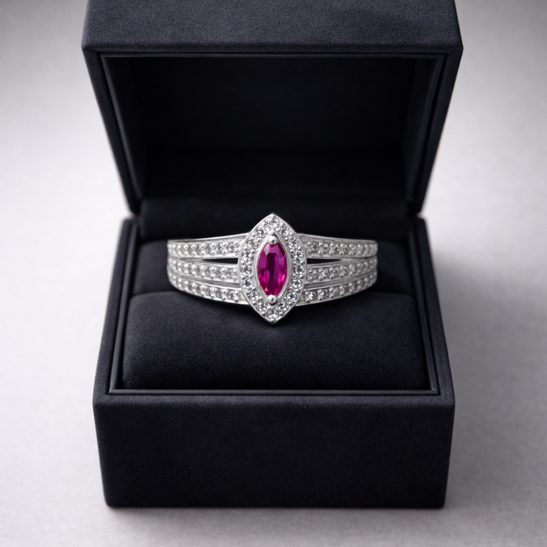 Marquise Ruby Diamond Halo Silver Ring