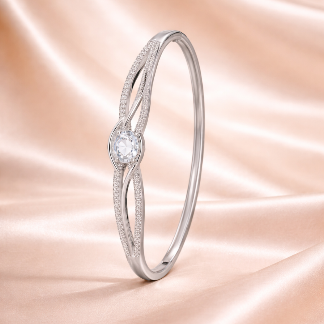 Elegant Silver Infinity Knot Solitaire Bangle