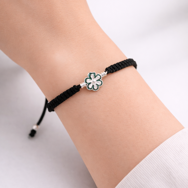 Silver Floral Charm Black Braided Adjustable Bracelet