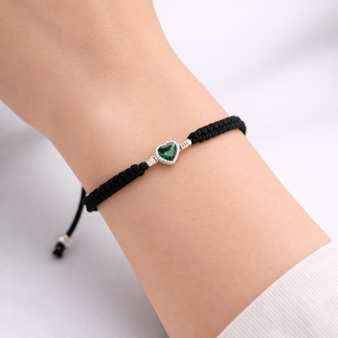 Handcrafted Black Cord Green Heart Bracelet
