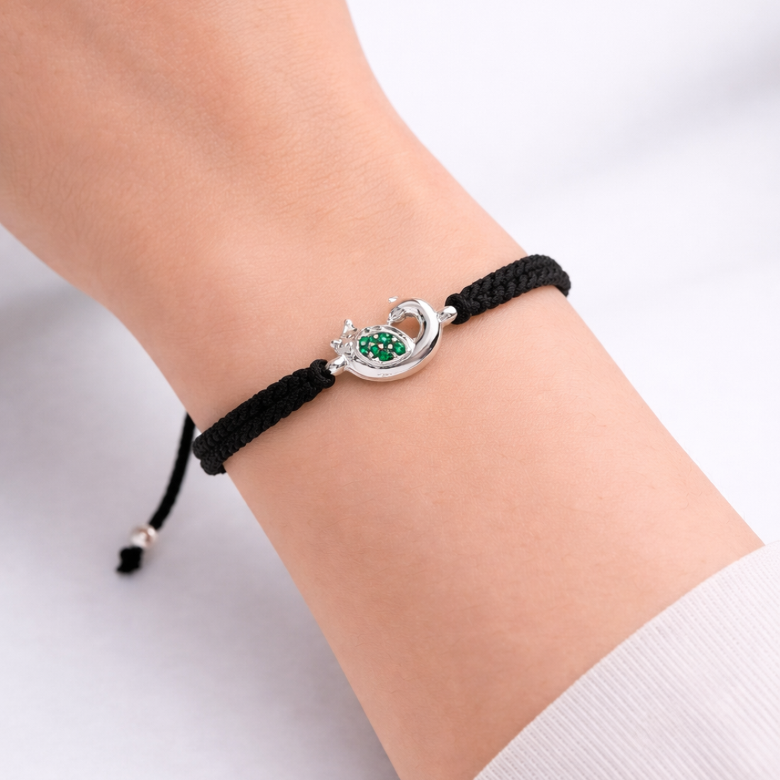 Peacock Silver Adjustable Black Thread Bracelet