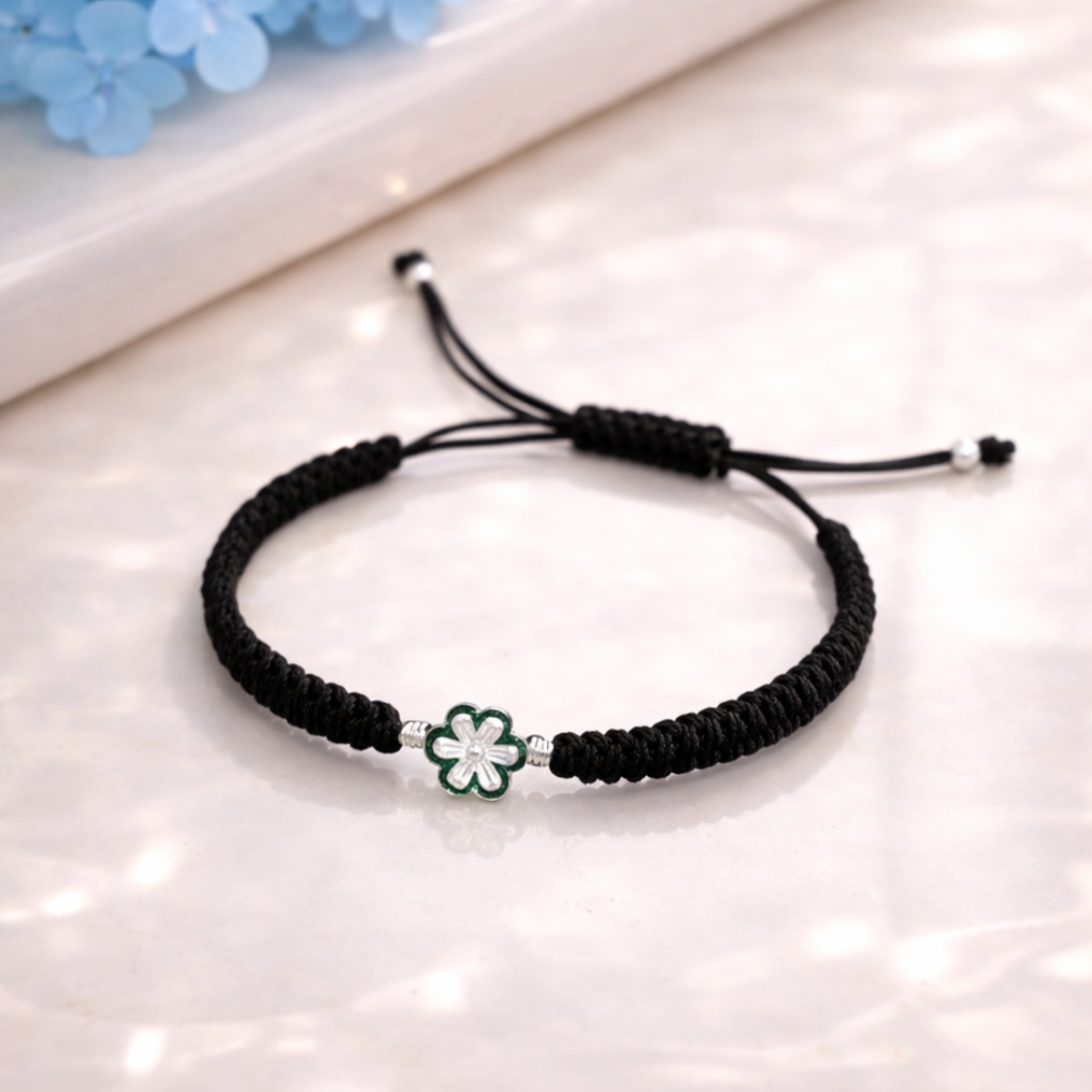 Silver Floral Charm Black Braided Adjustable Bracelet