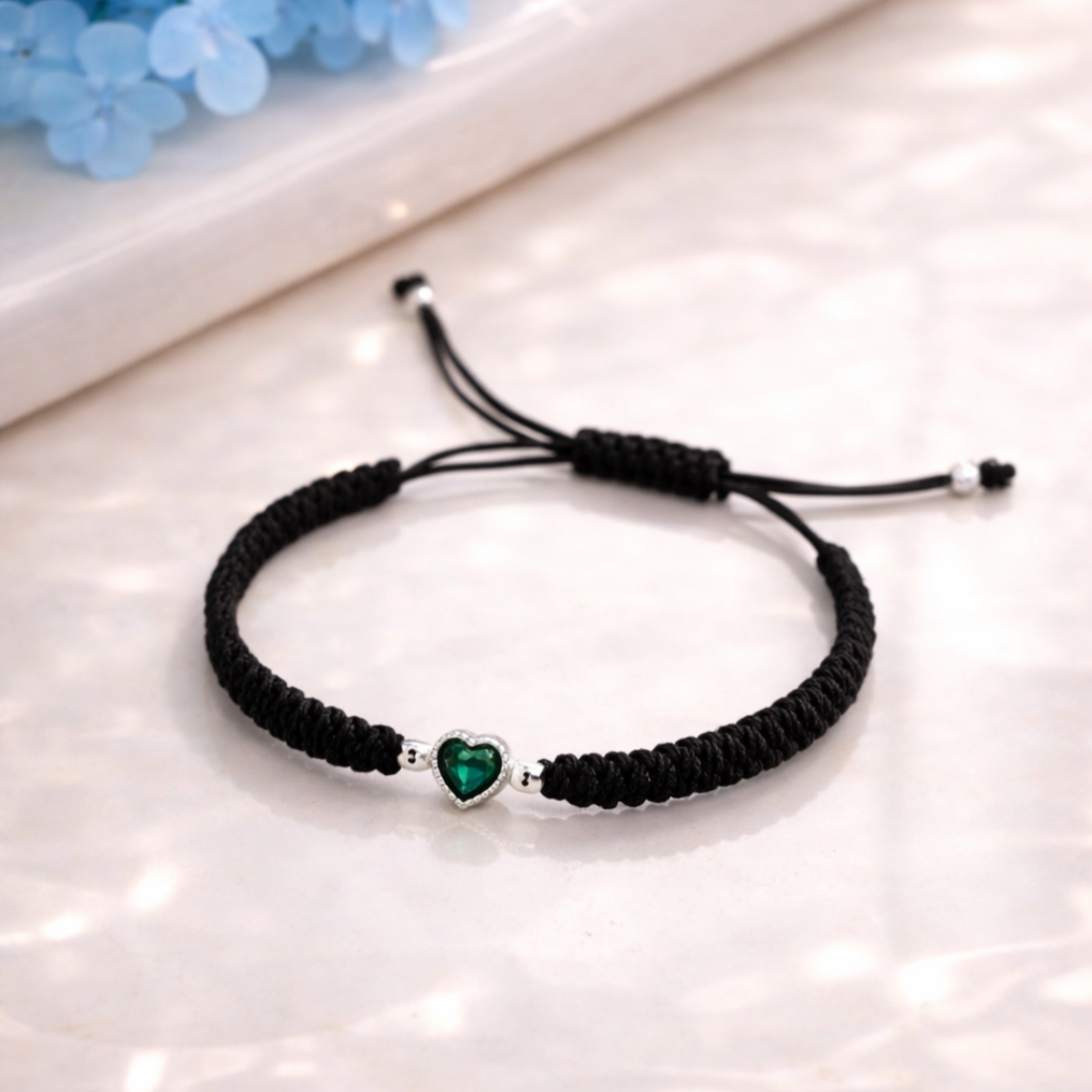 Handcrafted Black Cord Green Heart Bracelet