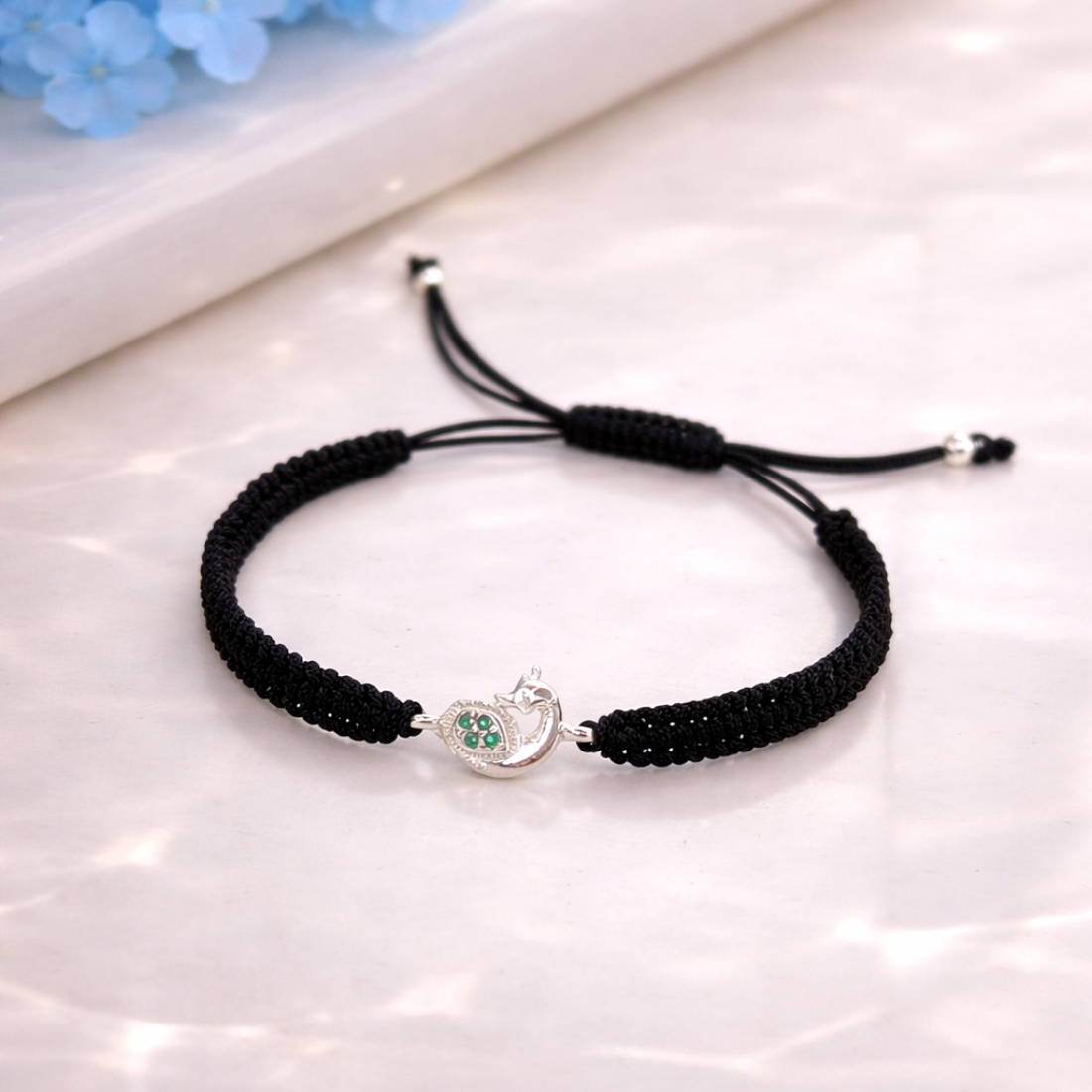 Peacock Silver Adjustable Black Thread Bracelet