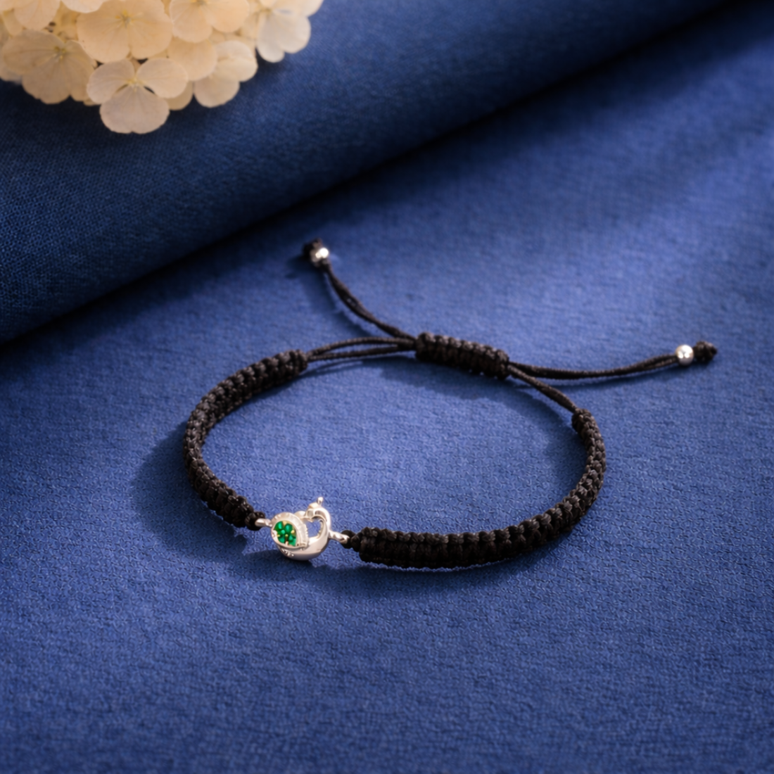 Peacock Silver Adjustable Black Thread Bracelet