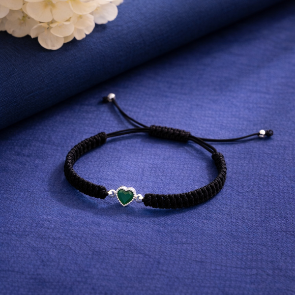 Handcrafted Black Cord Green Heart Bracelet