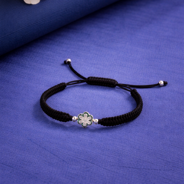 Silver Floral Charm Black Braided Adjustable Bracelet