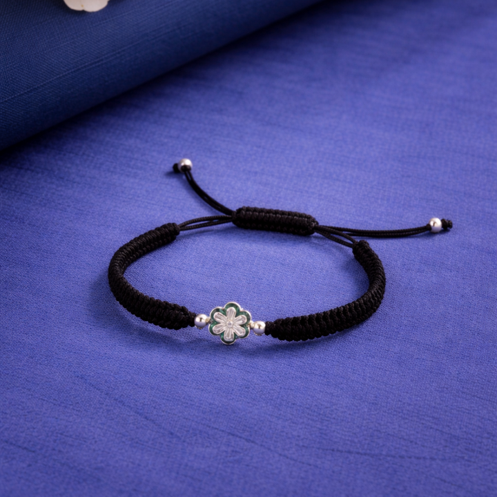 Silver Floral Charm Black Braided Adjustable Bracelet