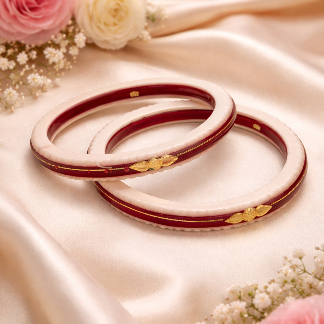 Elegant White and Maroon Gold-Plated Bangles