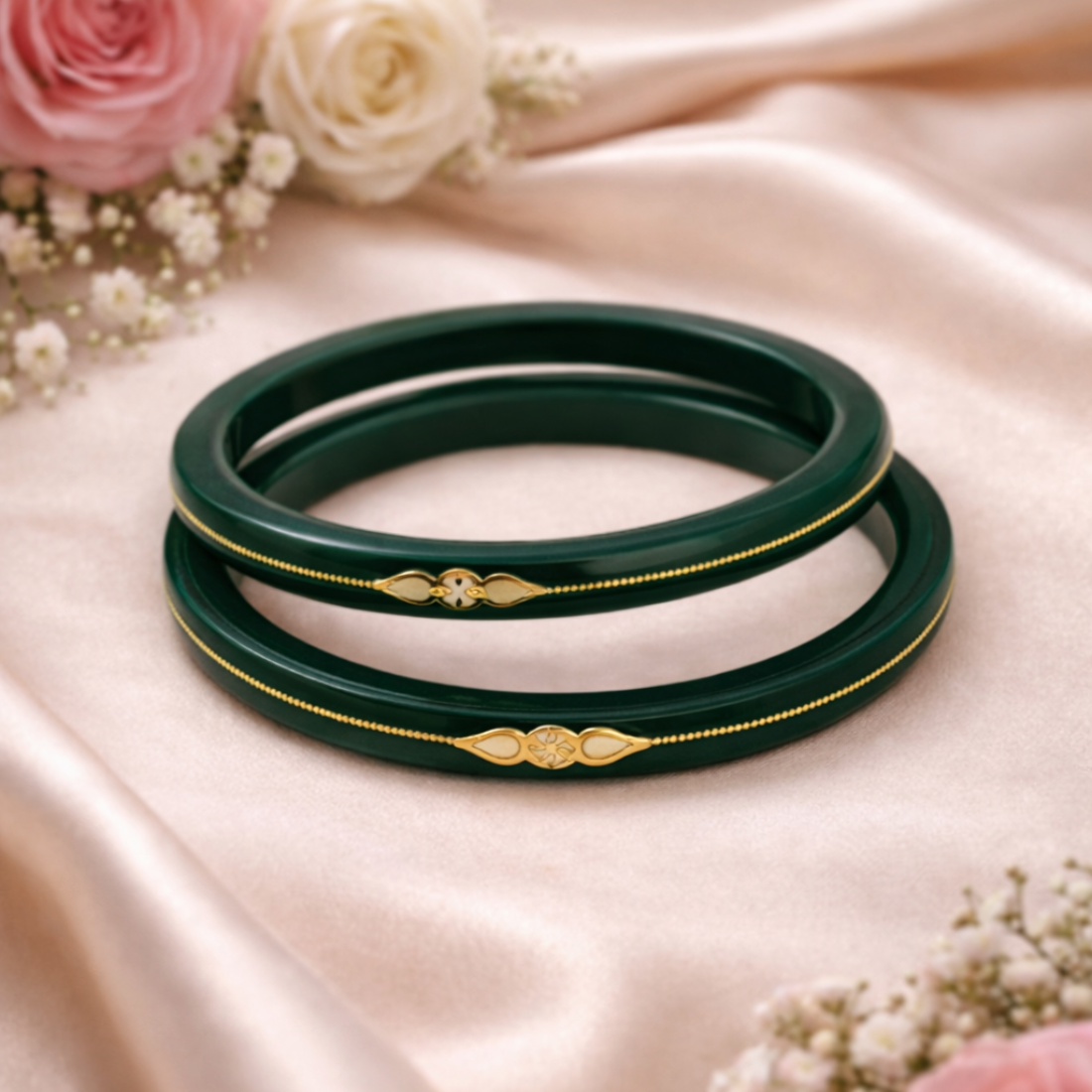 Elegant Deep Green Gold-Accented Traditional Bangles